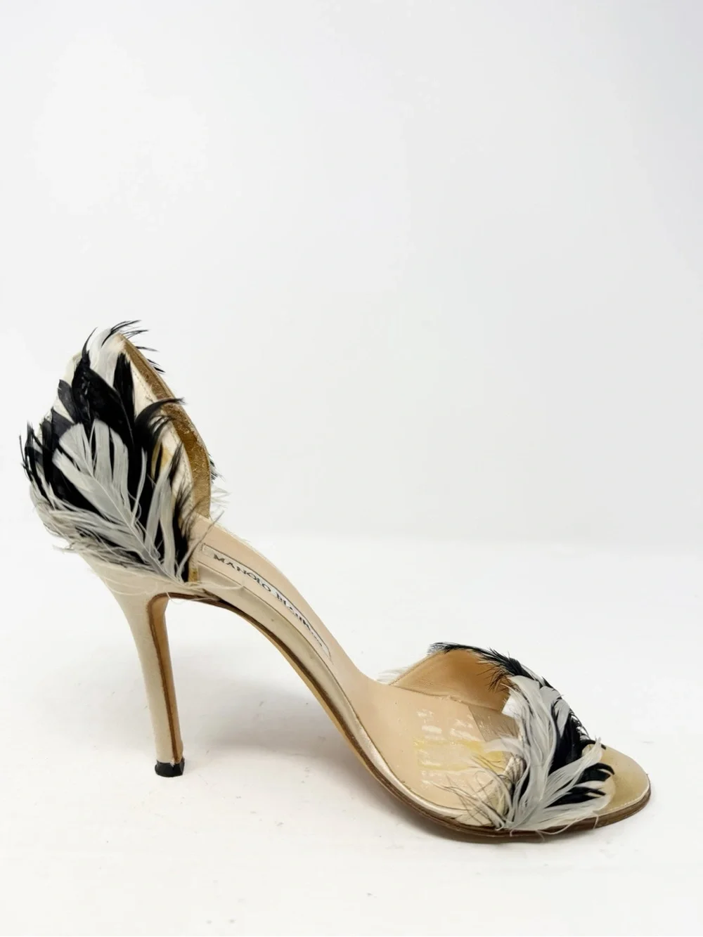 Manolo Blahnik Black White Feather D’Orsay Heels Womens Size EU 36.5